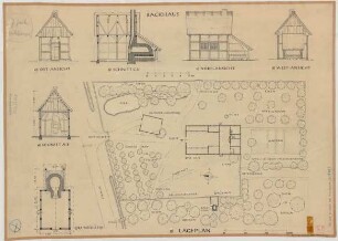 Lienen (Kreis Tecklenburg): Hof Ernst Wilhelm Laig. - Lageplan. - Backhaus (Grundriss, Ansichten, Schnitte)