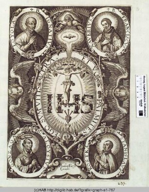 IHS - Christus am Kreuz mit vier Heiligen.