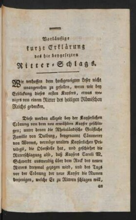 Vorläufige kurze Erklärung des hie beygesezten Ritter-Schlags.