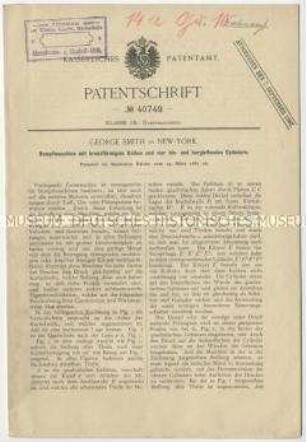 Patentschrift einer Dampfmaschine mit kreuzförmigem Kolben und vier hin- und hergleitenden Zylindern, Patent-Nr. 40749