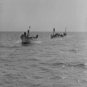 Fischerboote im Hafen von Nessebar. Heimkehrende Küstenfischer auf dem Schwarzen Meer, an der Bucht von Burgas