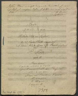 Rondos, pf, op. 11 - BSB Mus.Schott.Ha 2995-2 : [title page:] [crossed out: Rondo. // nach Melodien der oper: [!] // Wilhelm Tell von Rossini, // für das Piano-Forte componirt // und seinem Freunde, Herrn Ch: Pansch gewidmet, // von // P. Horr. // opus 11.] // Rondeau // d'après des mélodies de l'opéra: // Guillaume Tell de Rossini. // dédié à son ami // Monsieur Chrétien Pansch // et composé // P. Horr. // Oeuvre 11.