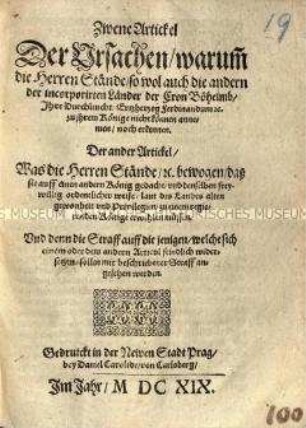 Bericht über die Gründe der Königswahl von Friedrich V. von der Pfalz zum Böhmischen König