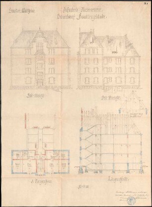 Infanteriekaserne Müllheim; Ansichten, Grundriss und Schnitt des Familiengebäudes