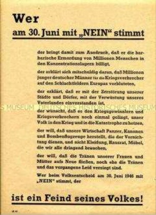 Aufruf zum Volksentscheid zur Enteignung der Kriegsverbrecher in Sachsen