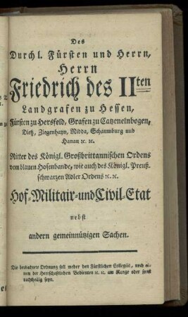Hof- Militair- und Civil-Etat nebst andern gemeinnuetzigen Sachen