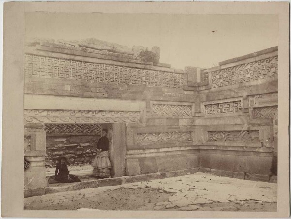 Inner courtyard of the columned palace with two female members of the expedition.