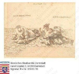 Jagd, Niddaer Sauhatz / Bild 50: Jagdbrauch, Landgraf Friedrich auf einer Sauschwarte / Zwei Jäger auf Sauschwarten liegend, bez. Landgraf Friedrich v. Hessen-Darmstadt (1616-1682)