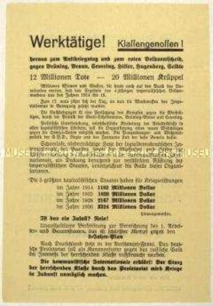 Aufruf der KPD zum Antikriegstag am 1. August 1931 und zum Volksentscheid über die Auflösung des preußischen Landtags
