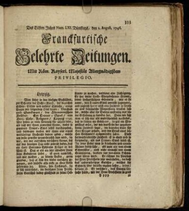 Num. LXI. Dienstags, den 2. August. 1746 - Num. LXX. Freytags, den 2. Septembr 1746