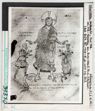 Einsiedeln, Stiftsbibliothek, Cod. 176, fol. 102: Christus segnet Herrscherpaar, 2. Hälfte 10. Jhd.