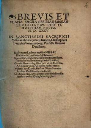 Brevis Et Plana Sacratissimae Missae Elvcidatio