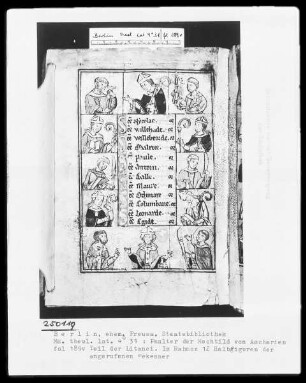 Psalter der Mechthild von Anhalt — Litaneiseite, umrahmt von Brustbildern der angerufenen Heiligen, Folio 189verso