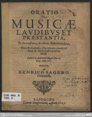 Oratio de musicae laudibus et praestantia : publice in Auditorio Magno Die 16. Maij, Anno 1607