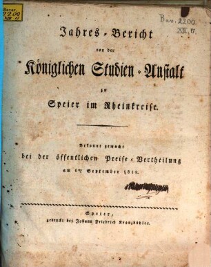 Jahresbericht über die Kgl. Studienanstalt in Speier : für das Studienjahr .... 1819