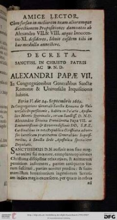 Decreta sanctiss. in Christo Patris ac. D.N.D. Alexandri Papae VII