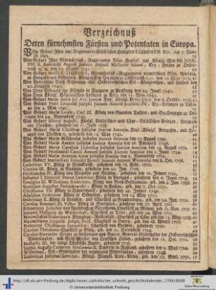 Verzeichnuß Deren fürnehmsten Fürsten und Potentanten in Europa.