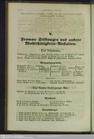 V. Fromme Stiftungen und andere Wohlthätigkeits-Anstalten