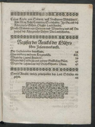 Register der Artickel der Mährischen Zusammenkunfft.