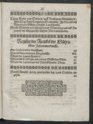 Register der Artickel der Mährischen Zusammenkunfft.
