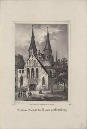Der Dom in Merseburg an der Saale (Sachsen-Anhalt) mit Portal und Türmen im Westwerk, aus der Zeitschrift Saxonia, 3. Band 1837