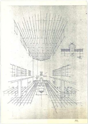 Döllgast, Hans; München; Basilika St. Bonifaz, Umplanung - Innenraumperspektive; Grundriss; Schnitt