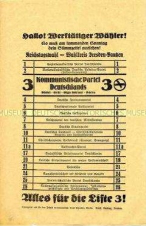 Propagandaflugblatt der KPD zur Reichstagswahl am 31. Juli 1932 im Layout eines Stimmzettels