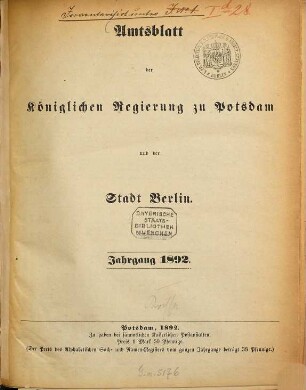 Amtsblatt der Regierung in Potsdam. 1892