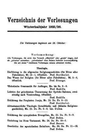Verzeichnis der Vorlesungen Winterhalbjahr 1925/26.