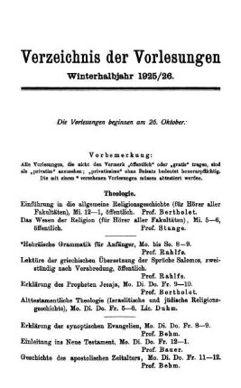 Verzeichnis der Vorlesungen Winterhalbjahr 1925/26.