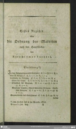 Erstes Register über die Ordnung der Materien nach den Hauptstücken des Katechismus Lutheri