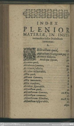 Index Plenior Materiae, In Institutionibus hisce Dialecticis contentae