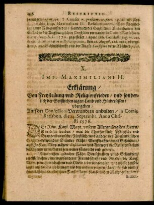 X. Imp: Maximiliani II. Erklärung/ Von Freystellung und Religionfrieden ...
