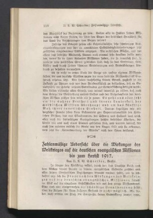 Zahlenmäßige Uebersischt über die Wirkungen des Weltkrieges auf die deutschen evangelischen Missionen bis zum Herbst 1917