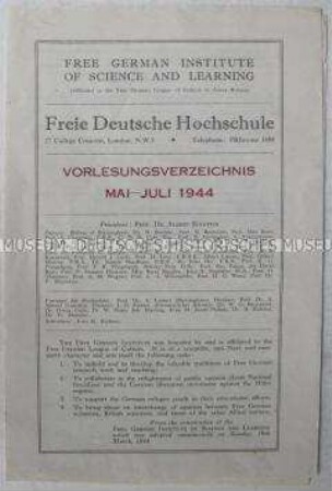 Programm der Veranstaltungen der Freien Deutschen Hochschule in Großbritannien