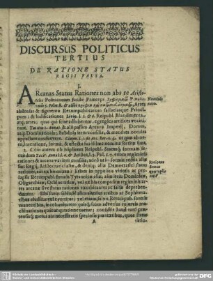 Discursus Politicus Tertius De Ratione Status Regii Falsa