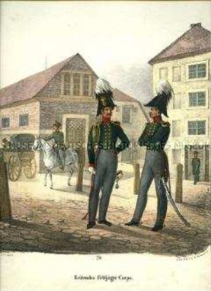 Uniformdarstellung, Reitendes Feldjäger-Korps, Preußen 1830. Aus: Elzholz u.a.: Das Preussische Heer. Tafel 70.