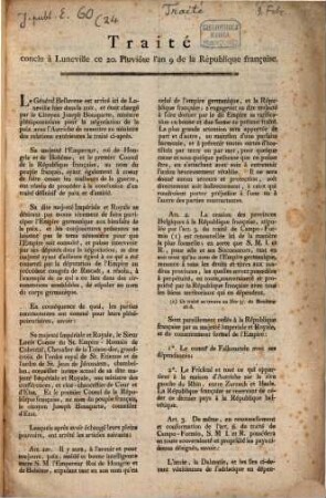 Traité conclu à Luneville ce 20. Pluviôse l'an 9 de la République française [= 9. Févr. 1801]