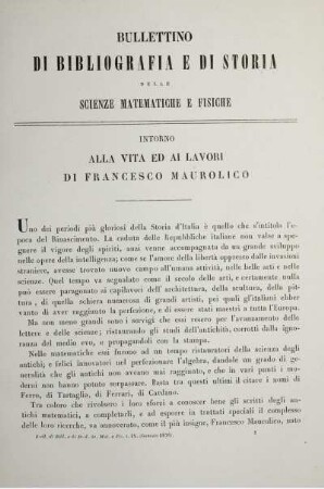 Intorno alla vita ed ai lavori di Francesco Maurolico.