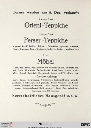 Orient-Teppiche / Perser Teppiche / Möbel / herrschaftliches Hausgerät u.s.w.