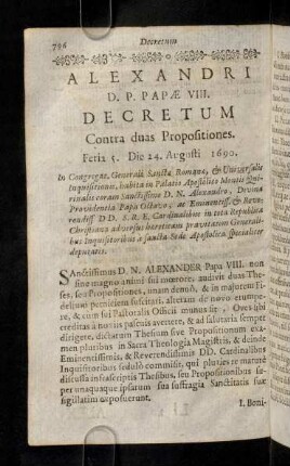 796-817, Decretum Alexandri Octavi. Propositiones Michaelis de Molinos.