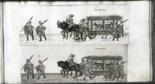Aufzug zur Fastnacht 1609 in Dresden : Jäger mit Spießen, zweispännige Wagen mit Wolfskäfigen, Hundeführer. Blatt 66 aus: Abriß und Verzeichnis aller Inventionenen und Aufzüge, welche an Fastnachten Anno 1609 im kurfürstl. Schlosse zu Dresden aufgeführt wurden. Deckfarben; ca. 289 x 527 mm. Dresden: SLUB Mscr.Dresd.J.18