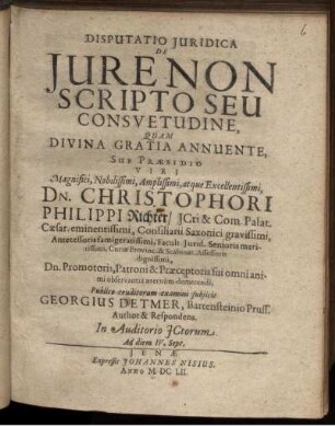 Disputatio Iuridica De Iure Non Scripto Seu Consuetudine