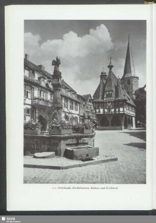 Michelstadt, Marktbrunnen, Rathaus und Kirchturm