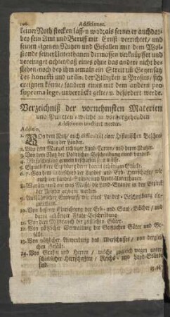 Verzeichniß der vornehmsten und Puncten/ welche im vorherge Additiones tractiret werden.