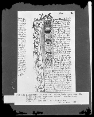 Biblia Sacra "Spenlin Bibel" — Initiale I (n principio) mit der Schöpfungsgeschichte in sechs Medaillons, Folio 6recto