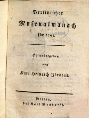 Berlinischer Musenalmanach : für ..., 1791