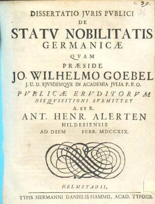 Dissertatio Jvris Pvblici De Statv Nobilitatis Germanicæ