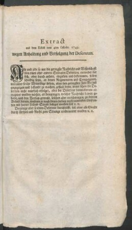 Extract aus dem Edict vom 4ten Octobr. 1749. wegen Anhaltung und Verfolgung der Deserteurs.