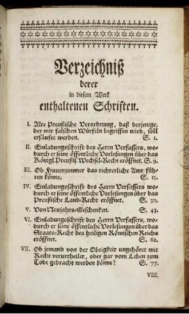 Verzeichniß derer in diesem Werck enthaltenen Schriften.